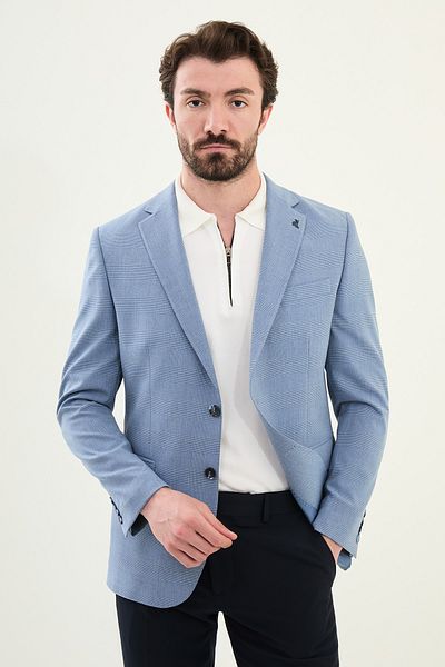 Mcr Plaid Slim Fit Mono Collar Men's Jacket Blue - 41452.25Y