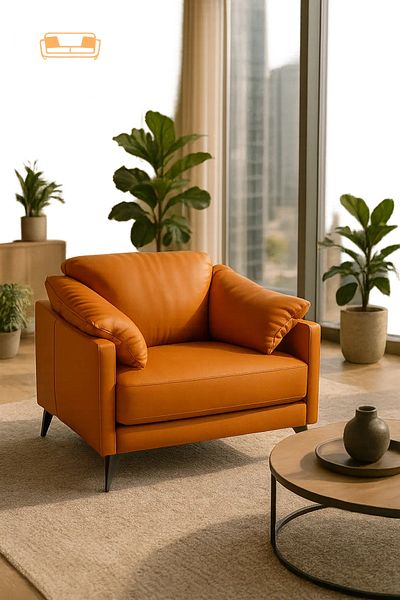 MARIA HOMES Modern Mustard Yellow Leather Armchair – Wide Seat with Pillow Armrests