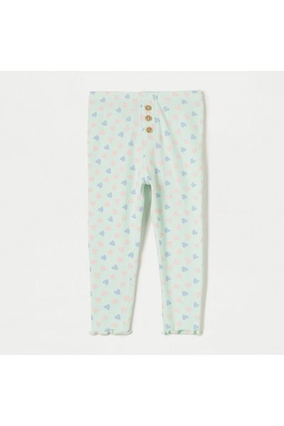 Juniors All-Over Heart Print Leggings with Lettuce Hem and Button Accent