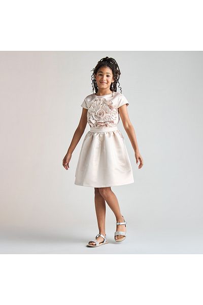 Juniors Ruffled Floral Applique Top with Short Sleeves