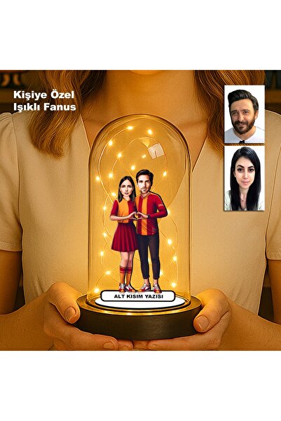 MK Sanart Kişiye Özel Sarı Kırmızı Taraftar Çift Fanus | Karikatür Figürlü Işıklı Biblo