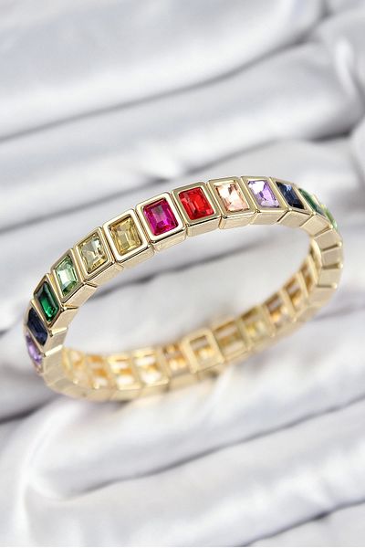Clariss Brass Mixed Zircon Stone Rectangular Model Gold Color Elastic Women's Bracelet