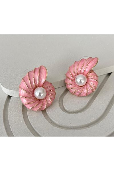 juleeco Pink Pearl Detailed Seashell Gold Earrings (2,5X3 cm)
