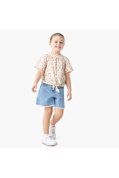 Juniors Floral Print Round Neck Top with Short Sleeves and Knot Detail