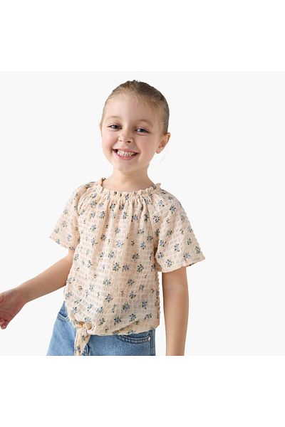 Juniors Floral Print Round Neck Top with Short Sleeves and Knot Detail