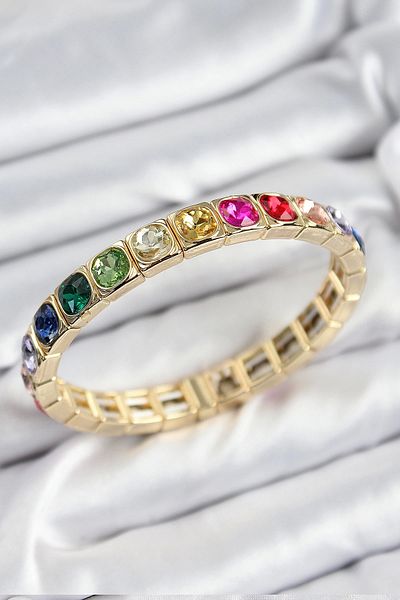 Clariss Brass Mixed Zircon Stone Square Model Gold Color Elastic Women's Bracelet