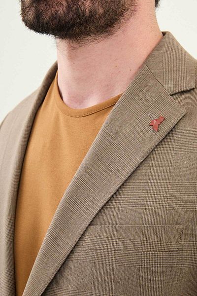 Mcr Plaid Slim Fit Mono Collar Men's Jacket Brown - 41452.25Y