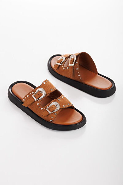 PASSAGE SHOES Women's Troc and Buckle Detailed Double Strap Slippers 6331 Taba