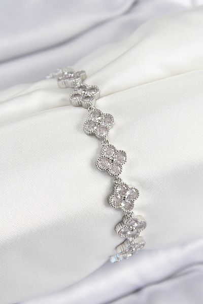 Clariss Brass Zircon Stone Clover Model Silver Color Vip Series Women's Bracelet