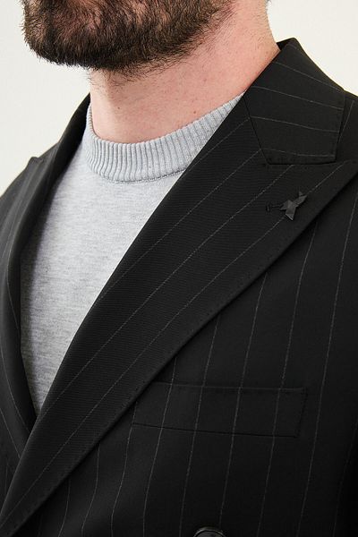 Mcr Striped Slim Fit Wide Collar Double Breasted Men's Suit Black - 45403.25Y