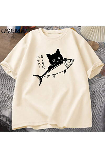 Tarzsokak Tricou cu pisică neagră Tricou amuzant cu pește japonez Tricou Kawa...