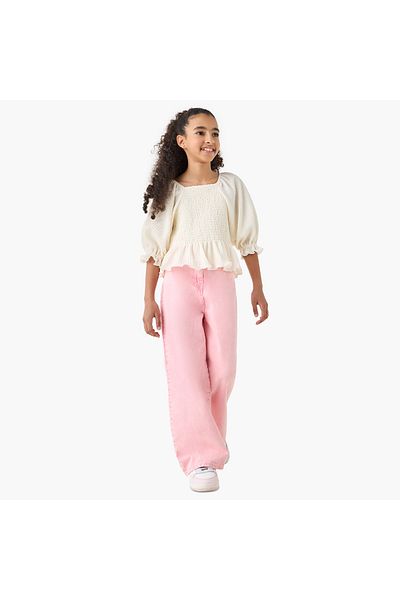 Juniors Shirred Detail Peplum Top with 3/4 Sleeves