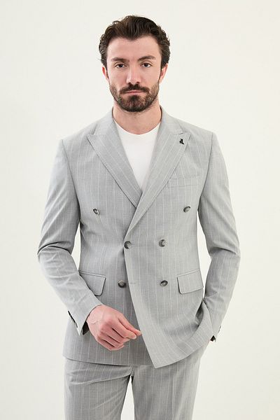 Mcr Striped Slim Fit Wide Collar Double Breasted Men's Suit Gray - 45403.25Y