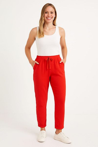 enmodaiçgiyim Pantaloni de damă din țesătură muselină din bumbac 100% cu flori de rodie – pantaloni casual cu picioare înguste, buzunare, model confortabil