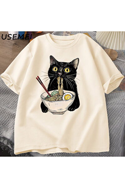 Tarzsokak تي شيرت نودلز رامين كات تي شيرت لمحبي الطعام تي شيرت قطة سوداء نودل...