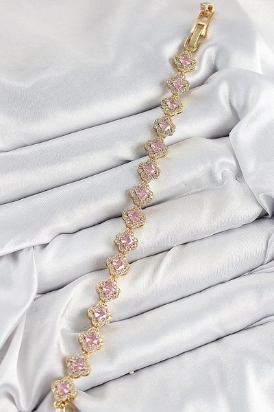 Clariss Brass Zircon Stone Pink Clover Baguette Model Gold Color Vip Series Women's Bracelet