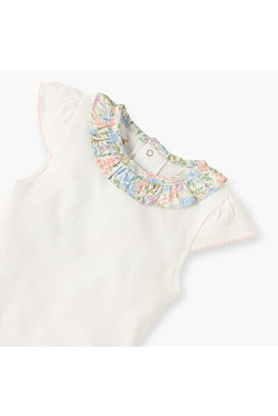 giggles Solid Bodysuit with Printed Collar and Short Sleeves