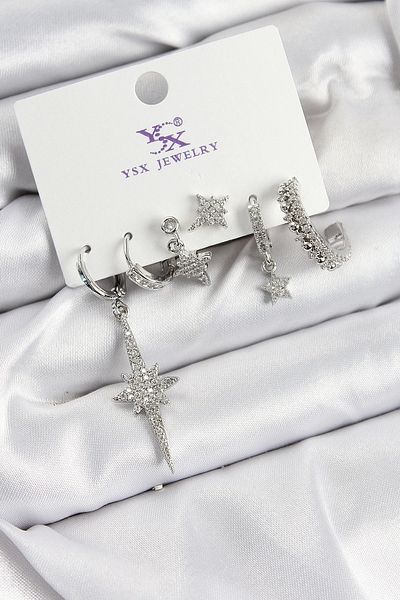 Clariss Brass Zircon Stone Pole Star Model Silver Color 3-Piece Double Women's Earrings