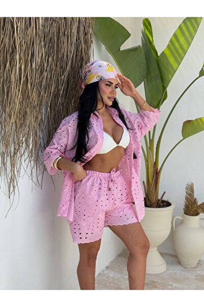 LB Laluna Butik Women's Brode Fabric Shirt and Shorts Set