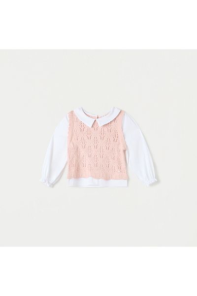 ELIGO Textured Collared Twofer Top with Long Sleeves