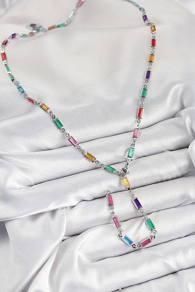 Clariss Brass Colored Zircon Stone Rectangular Model Silver Color Women's Y Necklace