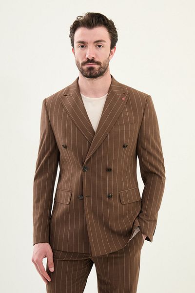 Mcr Striped Slim Fit Wide Collar Double Breasted Men's Suit Coffee - 45403.25Y