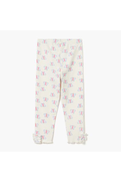 Juniors Butterfly Print Ribbed Leggings with Lettuce Hem