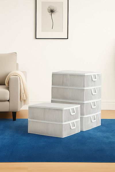 NESTA HOME 6 Pcs Large Size White Color Anthracite Striped under Bed under Sofa Bed Organizer Sack