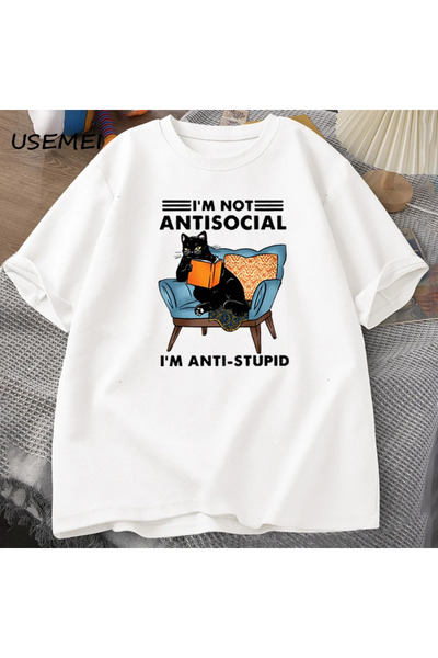 Tarzsokak Komik kedi okuma kitap t-shirt grafik Tees pamuk erkek giyim O boyu...