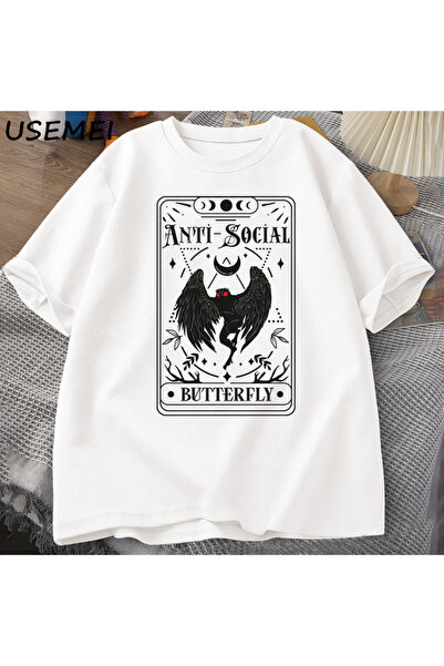 Tarzsokak Мъж с мотива на молец Таро карта пеперуда Тениска Винтидж памучна т...