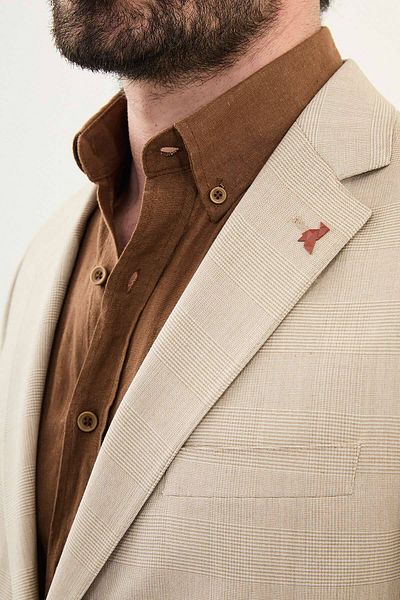 Mcr Plaid Slim Fit Mono Collar Men's Jacket Mink - 41452.25Y