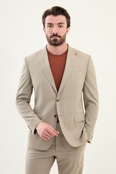 Mcr Patterned Slim Fit Wide Collar Men's Suit Camel - 45398.25Y