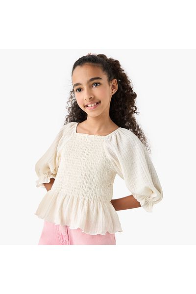 Juniors Shirred Detail Peplum Top with 3/4 Sleeves