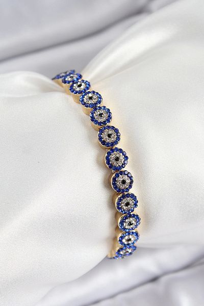 Clariss Brass Zircon Stone Navy Blue Evil Eye Model Gold Color Elastic Women's Bracelet