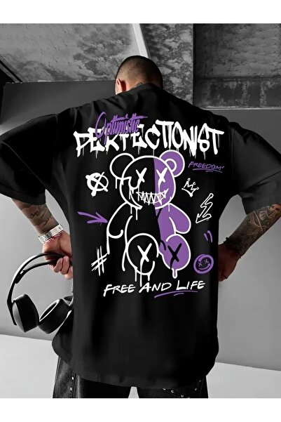 LUMİART Men's Oversizegraphic T-Shirt "Campbrastcooperation" Thick Lettering Crew Neck, Short Sleeve, Thick Purple and