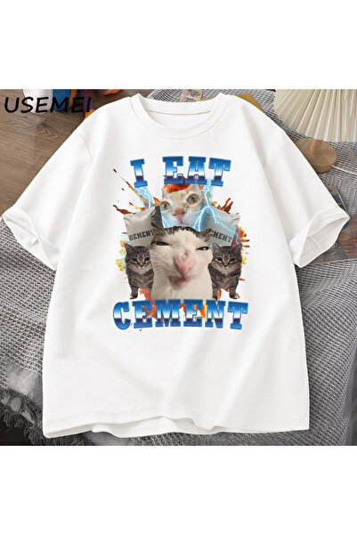 Tarzsokak Ям цимент Забавен котешки мем Тениска с къс ръкав от памук Глупави ...
