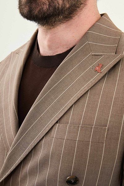 Mcr Striped Slim Fit Wide Collar Double Breasted Men's Suit Mink - 45403.25Y