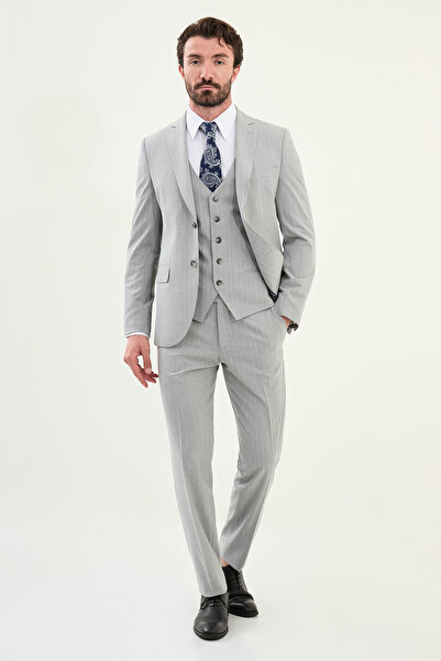 Mcr Çizgili Slim Fit Mono Yaka Yün Erkek Takım Elbise Gri - 45401.25Y