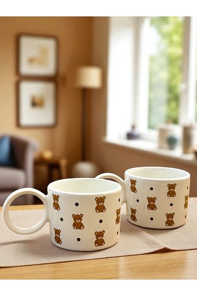 Yumuk Shop Set of 2 Teddy Bear Model Polka Dot Large Size Mug 250 ml