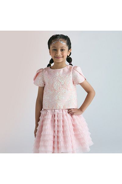 Juniors Textured Round Neck Top with Puff Sleeves and Button Closure