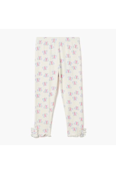 Juniors Butterfly Print Ribbed Leggings with Lettuce Hem