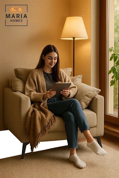 MARIA HOMES Modern Beige Leather Armchair – Wide Seat with Pillow Armrests