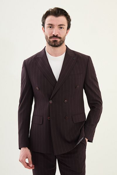 Mcr Striped Slim Fit Wide Collar Double Breasted Men's Suit Burgundy - 45403.25Y