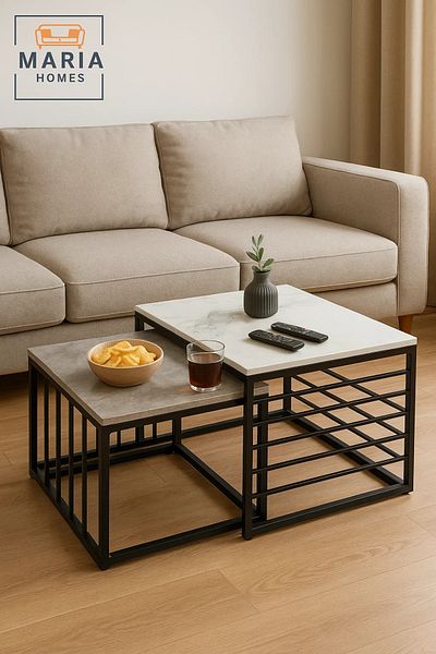 MARIA HOMES طقم طاولة قهوة متداخلة عصرية - سطح رخامي مع إطار قفص معدني أسود