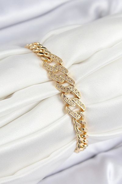 Clariss Brass Zircon Stone Crushed Cuban Chain Model Gold Color Women's Bracelet