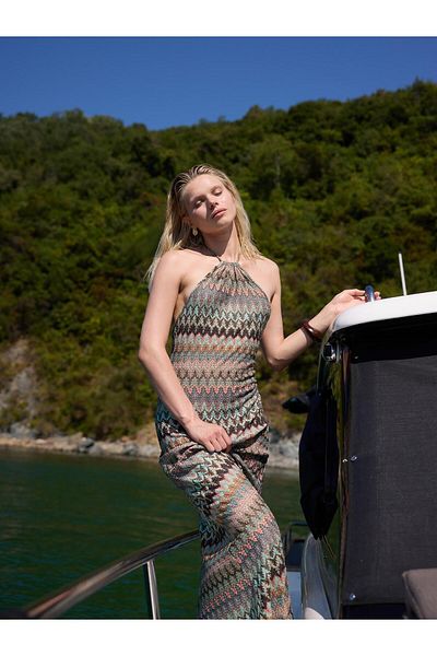 Juste Retro Patterned Halter Neck Maxi Dress Multicolor