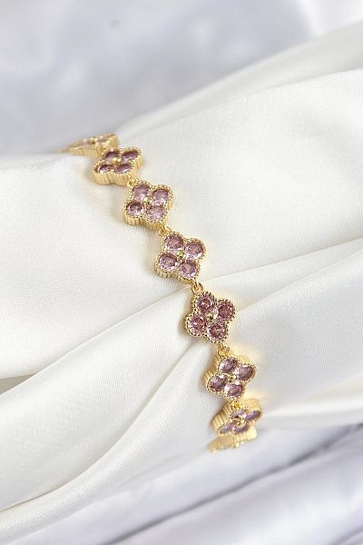 Clariss Brass Pink Zircon Stone Clover Model Gold Color Vip Series Women's Bracelet