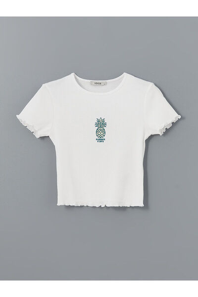 LC Waikiki Tricou XSIDE alb pentru femei, cu decolteu, broderie ananas