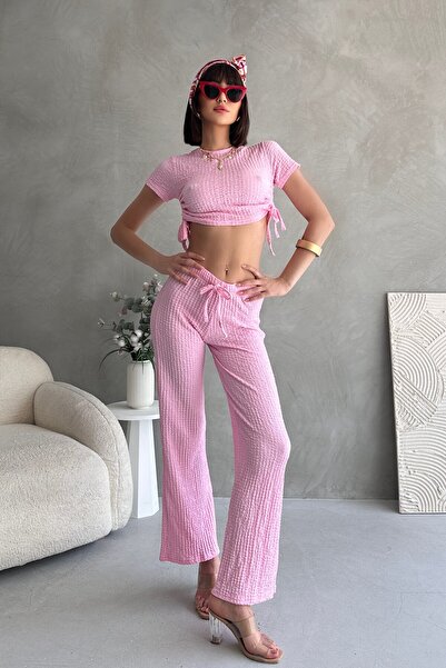 New Now Yandan Büzgülü Gofre Kumaş Beli̇ Ayarlanabi̇li̇r Lasti̇kli̇ Pantolonlu Takim