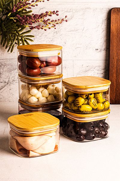 Snippy Bursa - 6-Piece Bamboo Vacuum Square Lid Glass Breakfast Multi-Purpose Borosilicate Glass Snack Bowl 400 ml